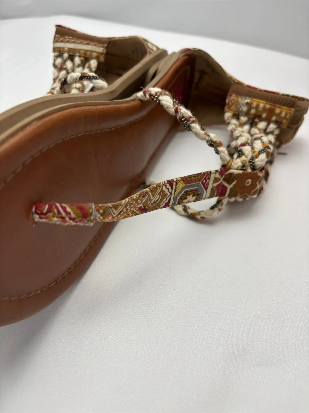 bp Womens 6 Multi Texture Brown and Beige Braided‎ T-Strap Sandals#475